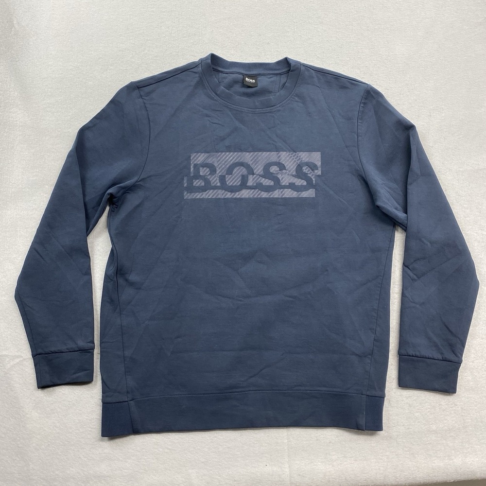 Boss Hugo Shirt Mens Extra Large Blue Pullover Sweatshirt Logo Long Sleeve